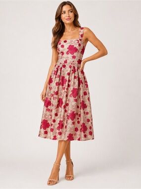 Abbey Glass Womens Midi Dress Cream Red Floral Embroidered Sleeveless Size L